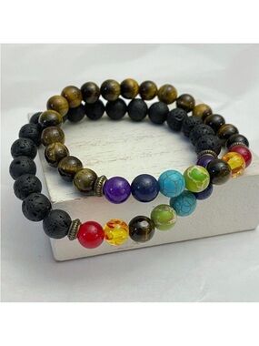 Hamoery Set of 2 Chakra Bracelets Lava Rock & Tiger Eye